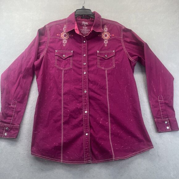 Rock 47 By Wrangler XL Western Shirt Snap Pink Embroidered Rodeo Rhinestone - Picture 1 of 15